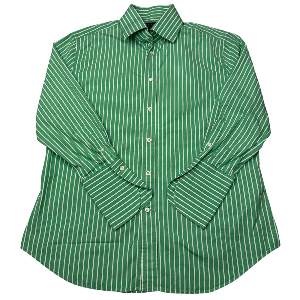 Ralph‎ Lauren Black Label Womans Green Striped Slim Fit Shirt Made in Italy 14